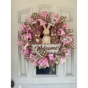 Beige Pink Welcome Easter Bunny Rabbit Mesh Ribbon Spring Wreath Door Hanger